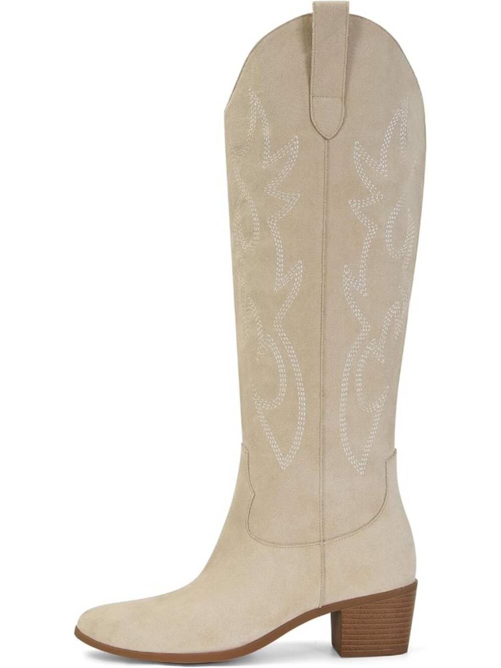 Women's Beige  Suede Knee High Embroidered Cowgirl Boots Pointed Toe Chunky Heel